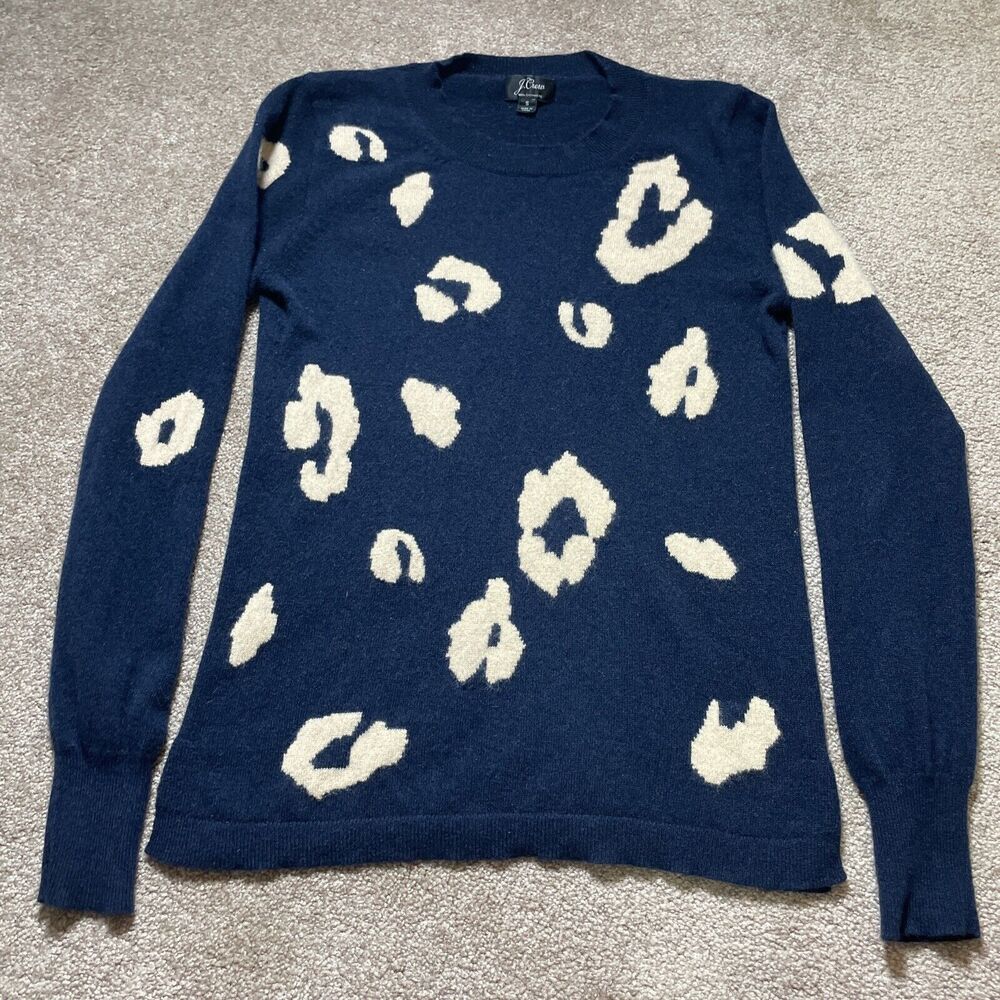 J.Crew Small Everyday Cashmere in Navy Camel Leopard Intarsia Knit Sweater